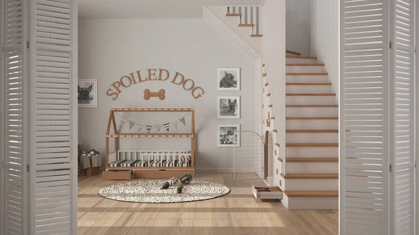 White Folding Door Opening Pet Friendly Dog Room Dog Bed — Fotografia de Stock