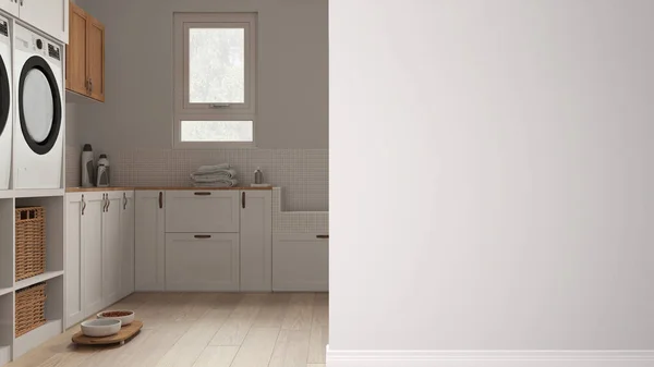 Cozy Modern Wooden Pet Friendly Laundry Room Treat Bowl Concrete — Foto Stock