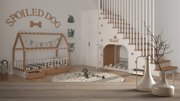 Ahşap masa ya da rafta minimalist modern vazolar var. Evcil hayvan dostu alan üzerinde. Yastıklı ve kapılı köpek odası.