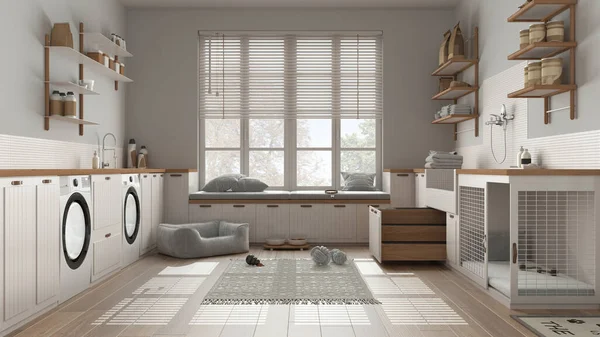 Evcil hayvan dostu modern beyaz ve ahşap çamaşır odası, dolaplı ve teçhizatlı oda. Merdivenli köpek banyosu, köpek yatağı ve halı, banklı pencere. İç tasarım kavramı