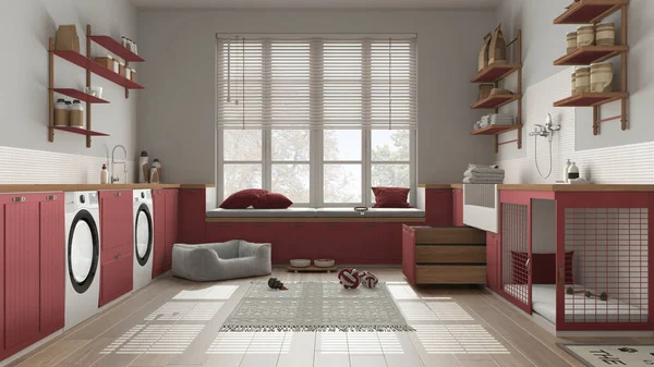 Evcil hayvan dostu modern kırmızı ve ahşap çamaşır odası, dolaplı ve teçhizatlı oda. Merdivenli köpek banyosu, köpek yatağı ve halı, banklı pencere. İç tasarım fikri