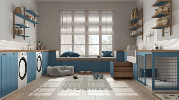 Evcil hayvan dostu modern mavi ve ahşap çamaşır odası, dolaplı ve teçhizatlı oda. Merdivenli köpek banyosu, köpek yatağı ve halı, banklı pencere. İç tasarım fikri