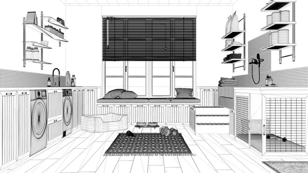 Blueprint Project Draft Pet Friendly Laundry Room Mudroom Cabinets Equipment — 图库照片