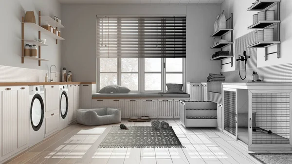 Mimar iç mimar konsepti: elle çizilmiş tamamlanmamış proje gerçek hale geliyor, hayvan dostu çamaşır odası, vestiyer. Köpek banyosu, köpek yatağı ve halı, banklı pencere.