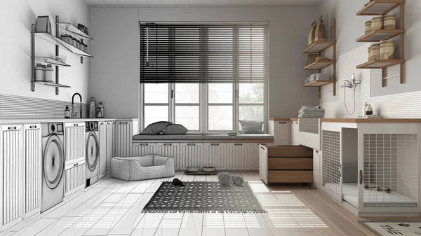 Mimar iç mimar konsepti: elle çizilmiş tamamlanmamış proje gerçek hale geliyor, hayvan dostu çamaşır odası, vestiyer. Köpek banyosu, köpek yatağı ve halı, banklı pencere.
