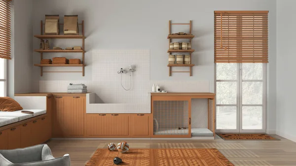 Space devoted to pet, pet friendly laundry room in orange and wooden tones with appliances and dog bath shower. Shelves with dog food, dog bed with gate. Modern interior design idea