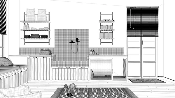 Proje taslağı, evcil hayvana ayrılmış alan, ev aletleri ve köpek banyosu olan ev hayvanı dostu çamaşır odası. Köpek mamasıyla raflar, köpek yatağıyla kapı. Modern iç tasarım fikri