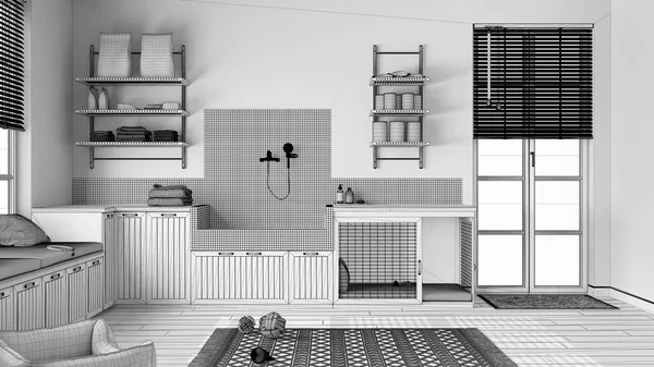 Tamamlanmamış proje taslağı, evcil hayvanlara ayrılmış alan, ev aletleri ve köpek banyosu olan ev hayvanı dostu çamaşır odası. Köpek mamasıyla raflar, köpek yatağıyla kapı. Modern iç tasarım fikri