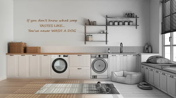 Mimari iç mimar konsepti: elle çizilmiş tamamlanmamış proje gerçeğe dönüşüyor, hayvan dostu çamaşır odası, evcil hayvanlara ayrılmış alan, vestiyer. Dolaplar, raflar, köpek yatağı.