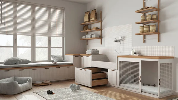 Evcil hayvan dostu İskandinav beyazı ve ahşap çamur odası, çamaşır odası, merdivenli köpek banyosu, köpek yatağı ve halısı olan yer, kase, bank ile pencere. İç tasarım kavramı
