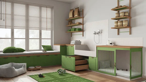 Pet Friendly Scandinavian Green Wooden Mudroom Laundry Room Space Dog — Fotografia de Stock