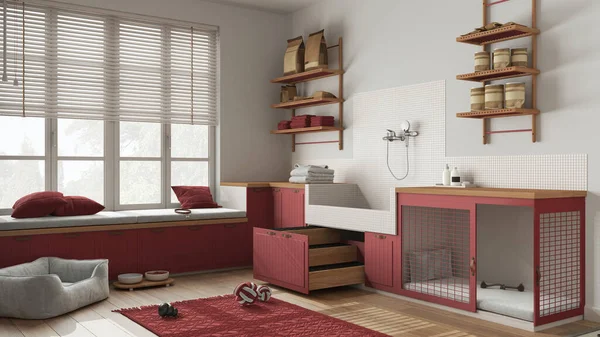 Evcil hayvan dostu İskandinav kırmızı ve ahşap çamur odası, çamaşır odası, merdivenli köpek banyosu, köpek yatağı ve halısı olan yer, kase, bank ile pencere. İç tasarım kavramı