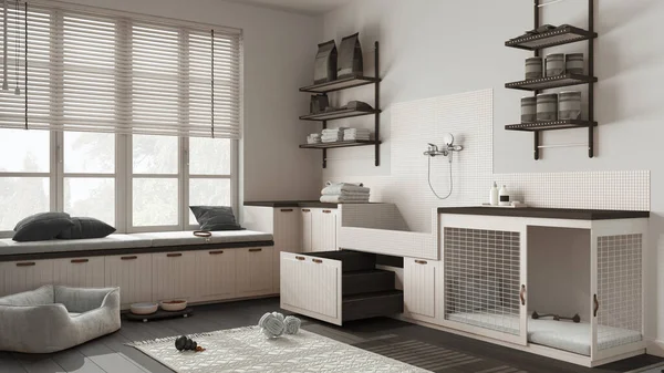 Evcil hayvan dostu İskandinav ahşap çamur odası, çamaşır odası, merdivenli köpek banyosu, köpek yatağı ve halısı olan yer, kase, bank ile pencere. İç tasarım fikri