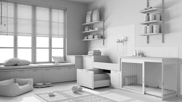 Total White Project Draft Pet Friendly Scandinavian Mudroom Laundry Room — Stock Photo, Image