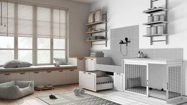 Mimari iç mimar konsepti: gerçek hale gelen el yapımı taslak proje, hayvan dostu çamur odası, merdivenli köpek banyosu banyosu, köpek yatağı, pencere