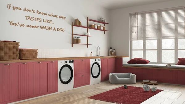 Evcil hayvan dostu çamaşır odası, evcil hayvanlara ayrılmış bir yer, ahşap ve kırmızı tonlu bir oda. Çamaşır makinesi ve kurutuculu dolaplar ve raflar. Köpek yatağı, halı ve oyuncaklar. İç tasarım
