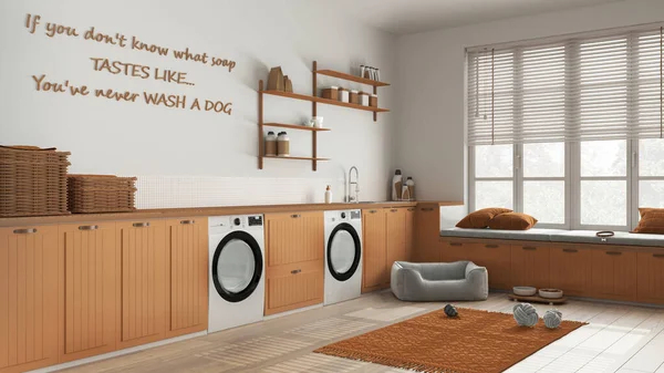 Evcil hayvan dostu çamaşır odası, evcil hayvanlara ayrılmış alan, ahşap ve turuncu tonlarda çamurluk. Çamaşır makinesi ve kurutuculu dolaplar ve raflar. Köpek yatağı, halı ve oyuncaklar. İç tasarım