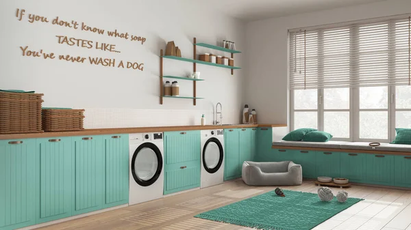 Evcil hayvan dostu çamaşır odası, evcil hayvanlara ayrılmış bir yer, ahşap ve turkuaz tonlarda bir oda. Çamaşır makinesi ve kurutuculu dolaplar ve raflar. Köpek yatağı, halı ve oyuncaklar. İç tasarım