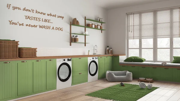 Evcil hayvan dostu çamaşır odası, evcil hayvanlara ayrılmış alan, ahşap ve yeşil tonlarda çamur odası. Çamaşır makinesi ve kurutuculu dolaplar ve raflar. Köpek yatağı, halı ve oyuncaklar. İç tasarım