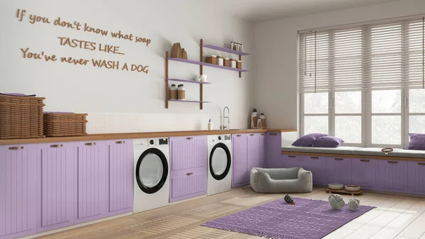 Evcil hayvan dostu çamaşır odası, evcil hayvanlara ayrılmış alan, ahşap ve mor tonlarda çamur odası. Çamaşır makinesi ve kurutuculu dolaplar ve raflar. Köpek yatağı, halı ve oyuncaklar. İç tasarım
