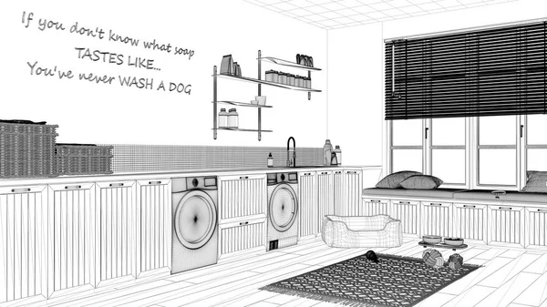 Proje taslağı, evcil hayvan dostu çamaşır odası, evcil hayvanlara ayrılmış bir yer, soyunma odası. Çamaşır makinesi ve kurutuculu dolaplar ve raflar. Köpek yatağı, halı ve oyuncaklar. İç tasarım fikri