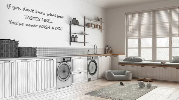 Mimari iç mimar konsepti: elle çizilmiş tamamlanmamış proje gerçeğe dönüşüyor, hayvan dostu çamaşır odası, evcil hayvanlara ayrılmış alan, vestiyer. Dolaplar, raflar, köpek yatağı.