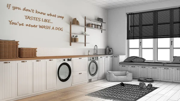 Mimari iç mimar konsepti: elle çizilmiş tamamlanmamış proje gerçeğe dönüşüyor, hayvan dostu çamaşır odası, evcil hayvanlara ayrılmış alan, vestiyer. Dolaplar, raflar, köpek yatağı.