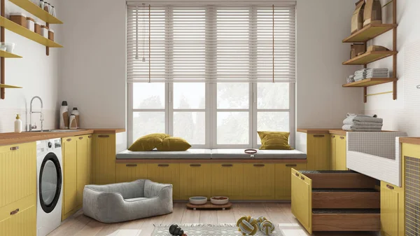 Evcil hayvan, İskandinav çamaşır odası, penceresi ve kanepesi olan ahşap ve sarı çamurluk, köpek yatağı, merdivenli köpek banyosu, aksesuarlar, yiyecek dolu raflar. İç tasarım