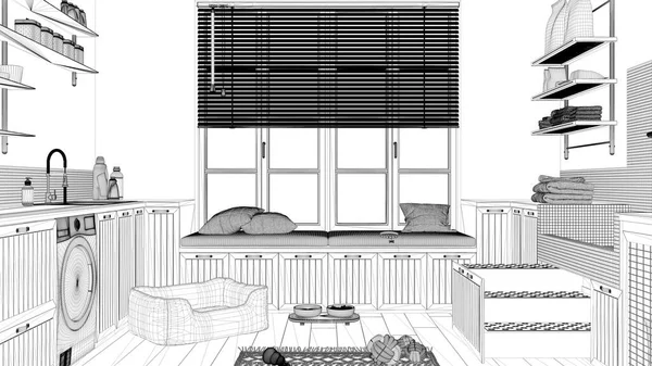 Proje taslağı, evcil hayvana ayrılmış alan, İskandinav çamaşırhanesi, pencereli ve kanepeli oda, köpek yatağı, merdivenli köpek banyosu, aksesuarlar, raflar. İç tasarım