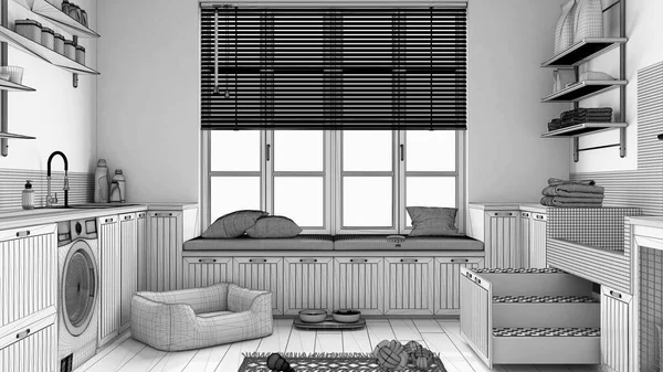 Tamamlanmamış proje taslağı, evcil hayvana ayrılmış alan, İskandinav çamaşır odası, pencereli ve kanepeli oda, köpek yatağı, merdivenli köpek banyosu, aksesuarlar, raflar. İç tasarım