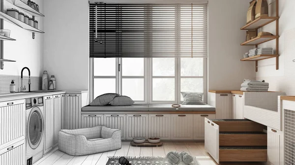 Mimari iç mimar konsepti: elle çizilmiş tamamlanmamış proje, evcil hayvana ayrılmış alan, çamaşır odası, köpek yatağı, merdivenli köpek banyosu, aksesuarlar