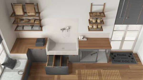 Evcil hayvan dostu İskandinav grisi ve ahşap çamur odası, çamaşır odası, merdivenli köpek banyosu, kapısı olan köpek yatağı, yastıklı büyük pencere. Üst manzara, yukarıda. İç tasarım