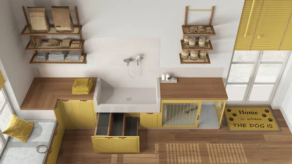 Evcil hayvan dostu İskandinav sarısı ve ahşap çamur odası, çamaşır odası, merdivenli köpek banyosu, kapısı olan köpek yatağı, yastıklı büyük pencere. Üst manzara, yukarıda. İç tasarım
