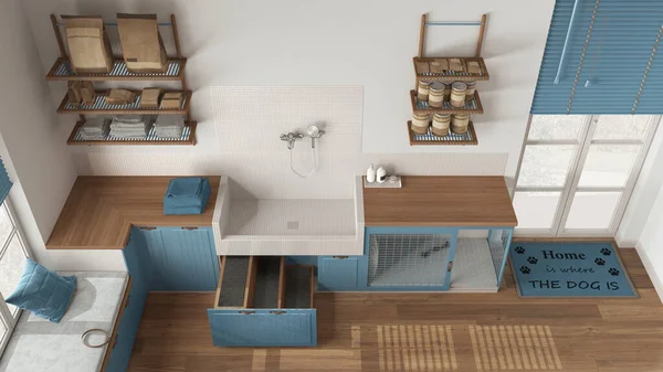 Evcil hayvan dostu İskandinav mavisi ve ahşap çamur odası, çamaşır odası, merdivenli köpek banyosu, kapısı olan köpek yatağı, yastıklı büyük pencere. Üst manzara, yukarıda. İç tasarım