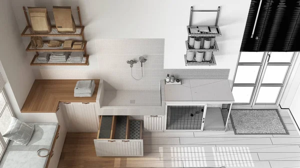 Mimari iç mimar konsepti: gerçek hale gelen el yapımı taslak proje, hayvan dostu çamaşır odası, kapısı olan köpek banyosu köpek yatağı olan yer. Üst görünüm, yukarıda