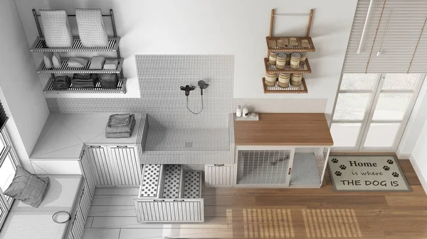 Mimari iç mimar konsepti: gerçek hale gelen el yapımı taslak proje, hayvan dostu çamaşır odası, kapısı olan köpek banyosu köpek yatağı olan yer. Üst görünüm, yukarıda