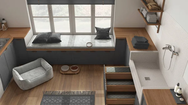 Mudroom, İskandinav çamaşır odası, pencere ve kanepeli evcil hayvana adanmış ahşap ve gri alan, köpek yatağı, merdivenli köpek banyosu, aksesuarlar. Üst görünüm, yukarıda, iç tasarım