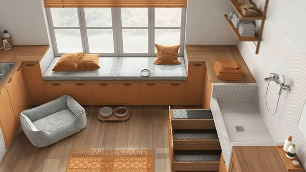 Mudroom Scandinavian Laundry Room Wooden Orange Space Devoted Pet Window — стоковое фото