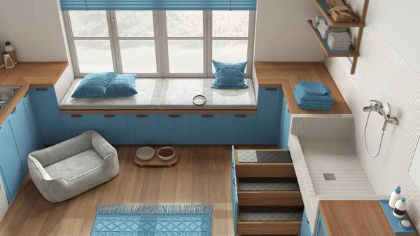 Mudroom Scandinavian Laundry Room Wooden Blue Space Devoted Pet Window — стоковое фото