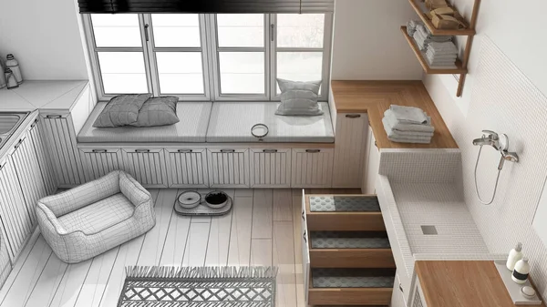 Mimari iç mimar konsepti: gerçek hale gelen el yapımı taslak proje, çamur odası, çamaşır odası, pencere ve kanepe, köpek banyosu, merdiven. Üst görünüm, yukarıda