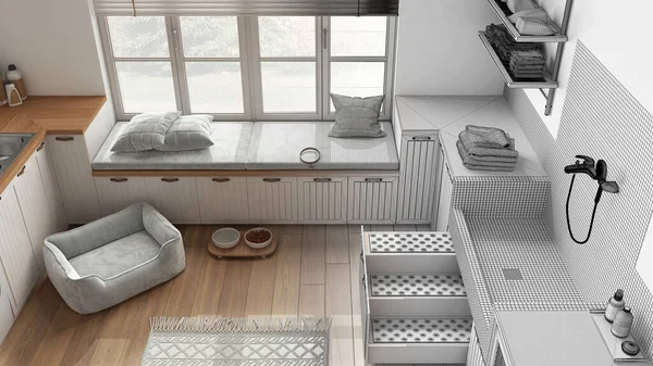 Mimari iç mimar konsepti: gerçek hale gelen el yapımı taslak proje, çamur odası, çamaşır odası, pencere ve kanepe, köpek banyosu, merdiven. Üst görünüm, yukarıda