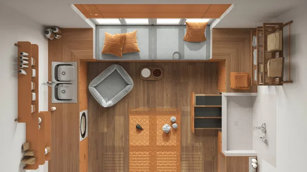 ペットフレンドリーな近代的なオレンジと木製のランドリールーム キャビネットや設備のあるマッドルーム はしご付きの犬シャワーバス 犬ベッド カーペット トップビュー インテリアデザインコンセプト — ストック写真