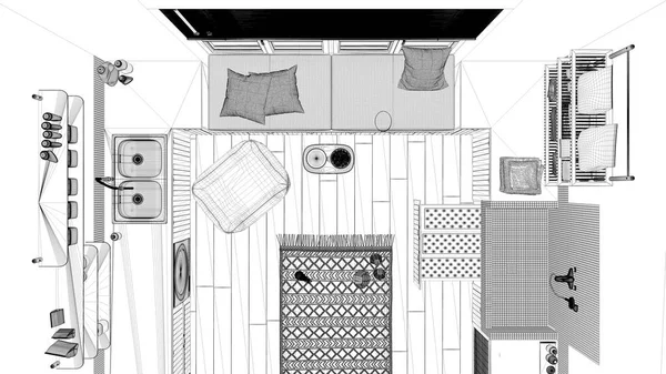 Blueprint project draft, pet friendly modern laundry room, mudroom with cabinets and equipment. Dog shower bath, ladder, dog bed. Top view, plan, above. Interior design concept idea