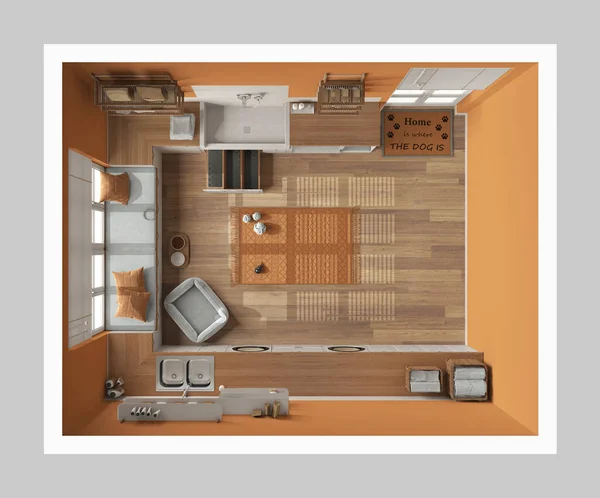 Домашние Животные Современная Оранжевая Деревянная Стиральная Мусорная Комната Шкафами Стеллажами — стоковое фото