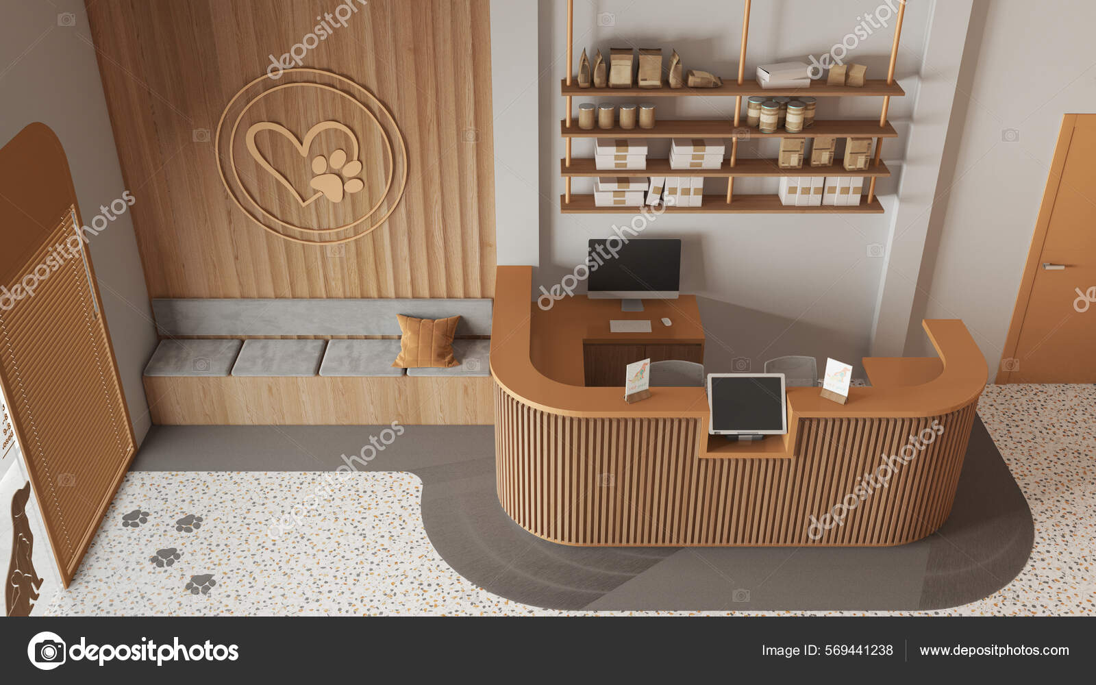 Veterinary Clinic Waiting Room Orange Wooden Tones Reception Desk