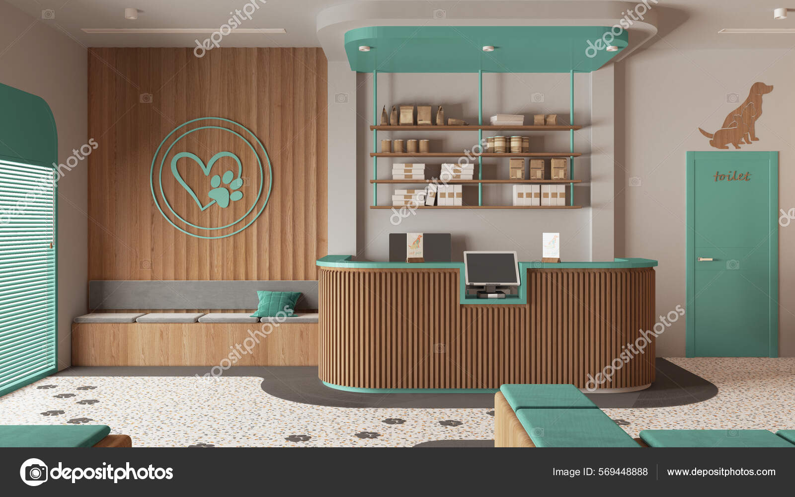 Vet Clinic Waiting Room Turquoise Wooden Tones Reception Desk
