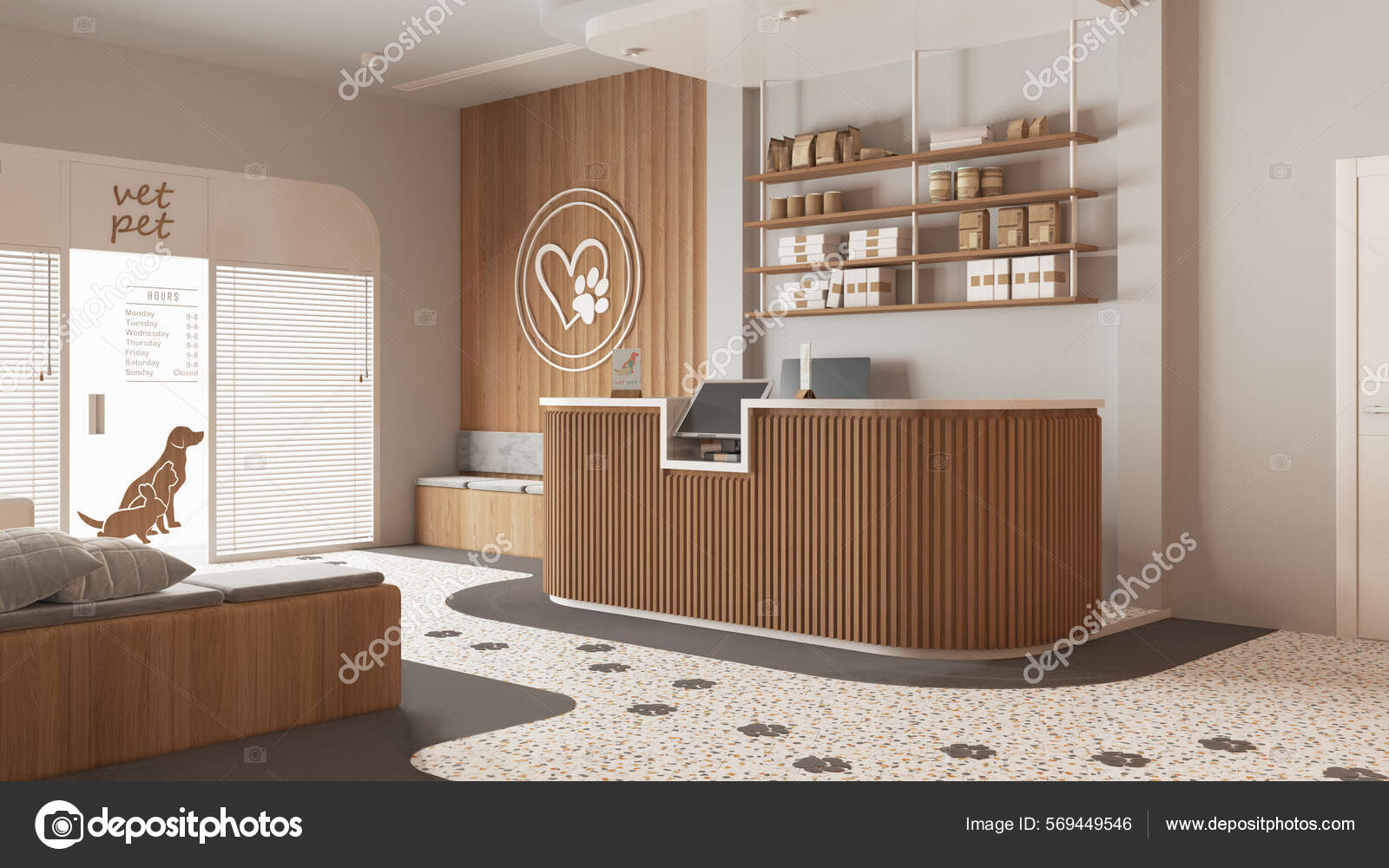 Clínica Veterinaria Sala Espera Tonos Blanco Madera Recepción Con