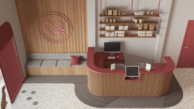 Veteriner kliniğinin bekleme odası kırmızı ve ahşap tonlarda. Raflı resepsiyon masası, banklı oturma alanı. Giriş kapısı ve terrazzo fayansları. İç tasarım, üst görünüm, yukarıda