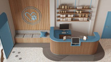 Veteriner kliniğinin bekleme odası mavi ve ahşap tonlarda. Raflı resepsiyon masası, banklı oturma alanı. Giriş kapısı ve terrazzo fayansları. İç tasarım, üst görünüm, yukarıda