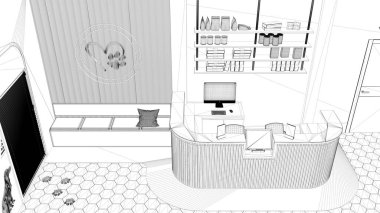 Proje taslağı, veteriner kliniği bekleme odası. Raflı resepsiyon masası, banklı oturma alanı. Giriş kapısı ve terrazzo fayansları. İç tasarım, üst görünüm, yukarıda